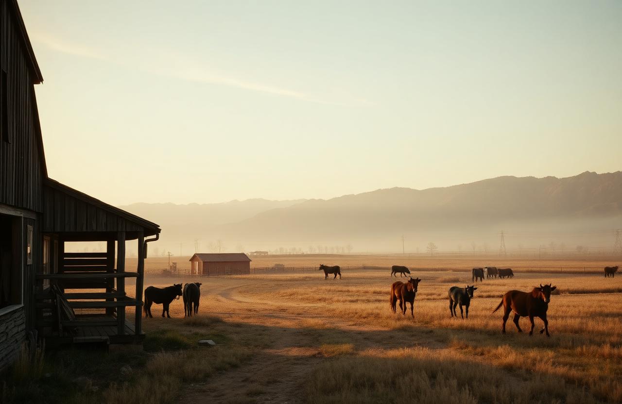 Weite Farmlandschaft im Morgennebel mit Vieh
