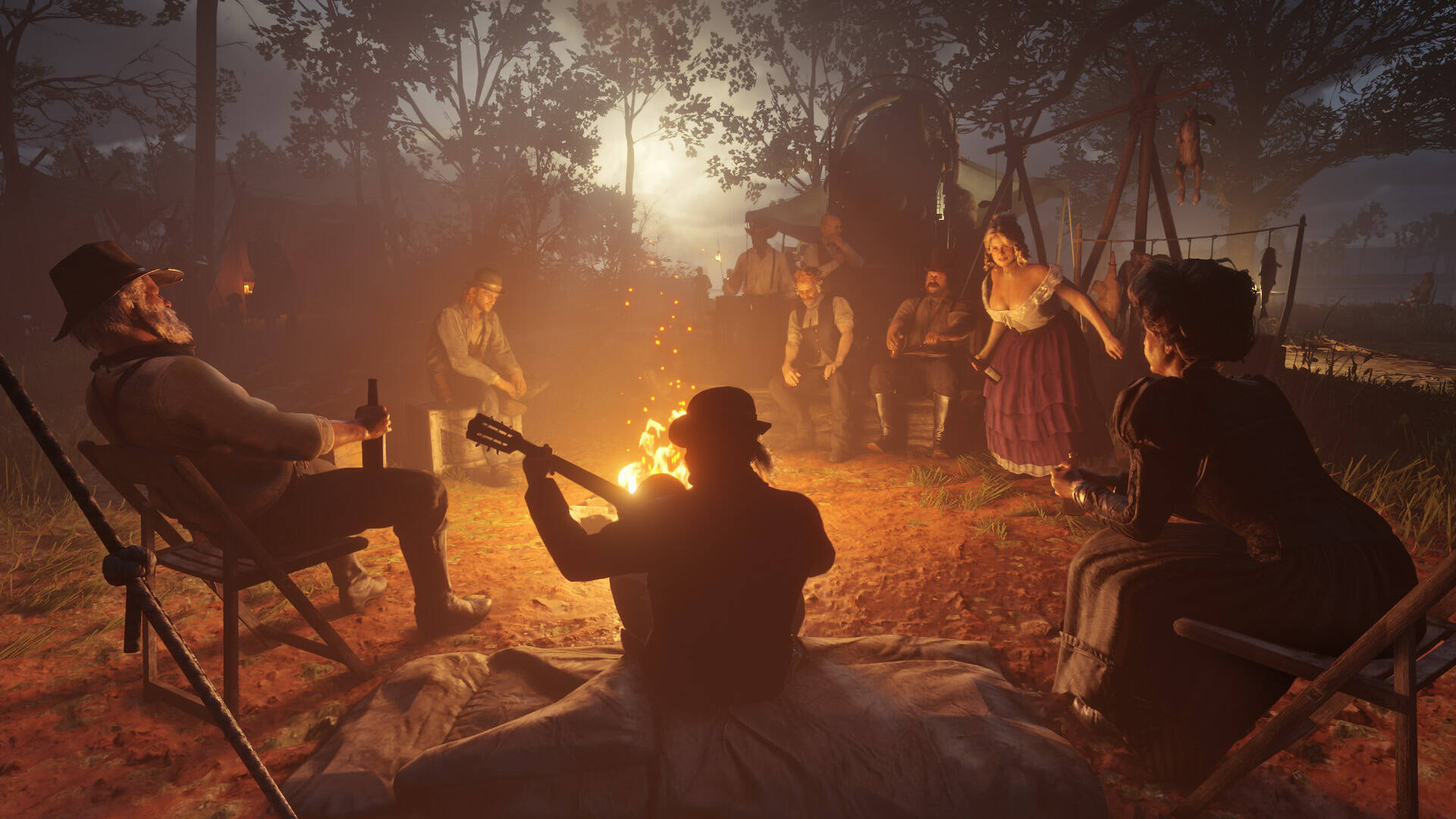 Outlaw-Camp bei Nacht, Männer am Feuer