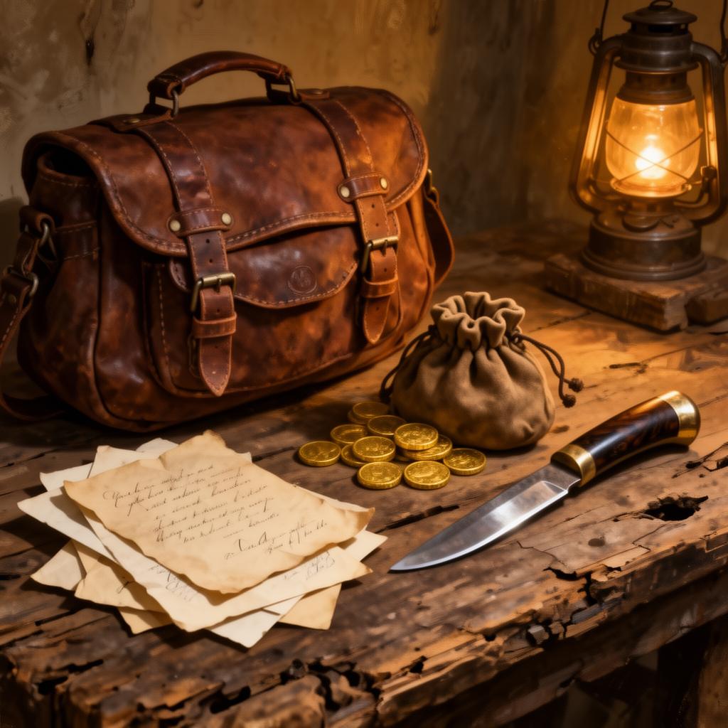 Lederne Satteltasche, Münzbeutel mit Goldmünzen, alte Dokumente und ein Messer