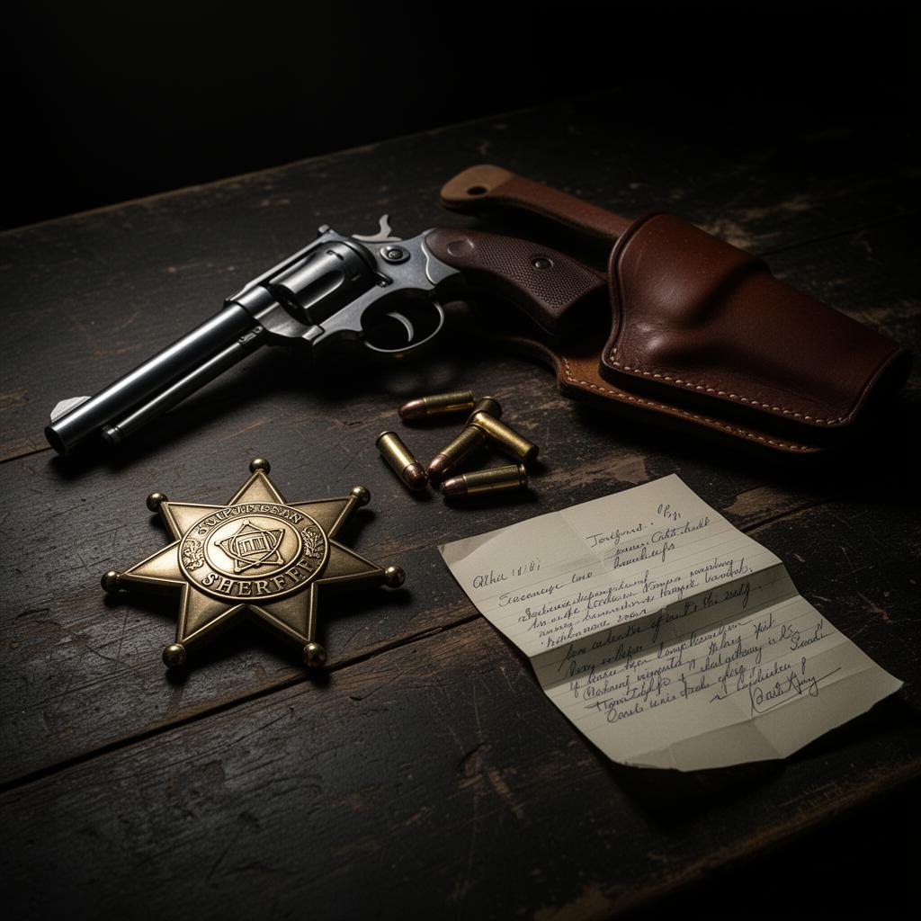 Sheriff-Stern, Revolver, Patronen und ein Brief auf einem Holztisch