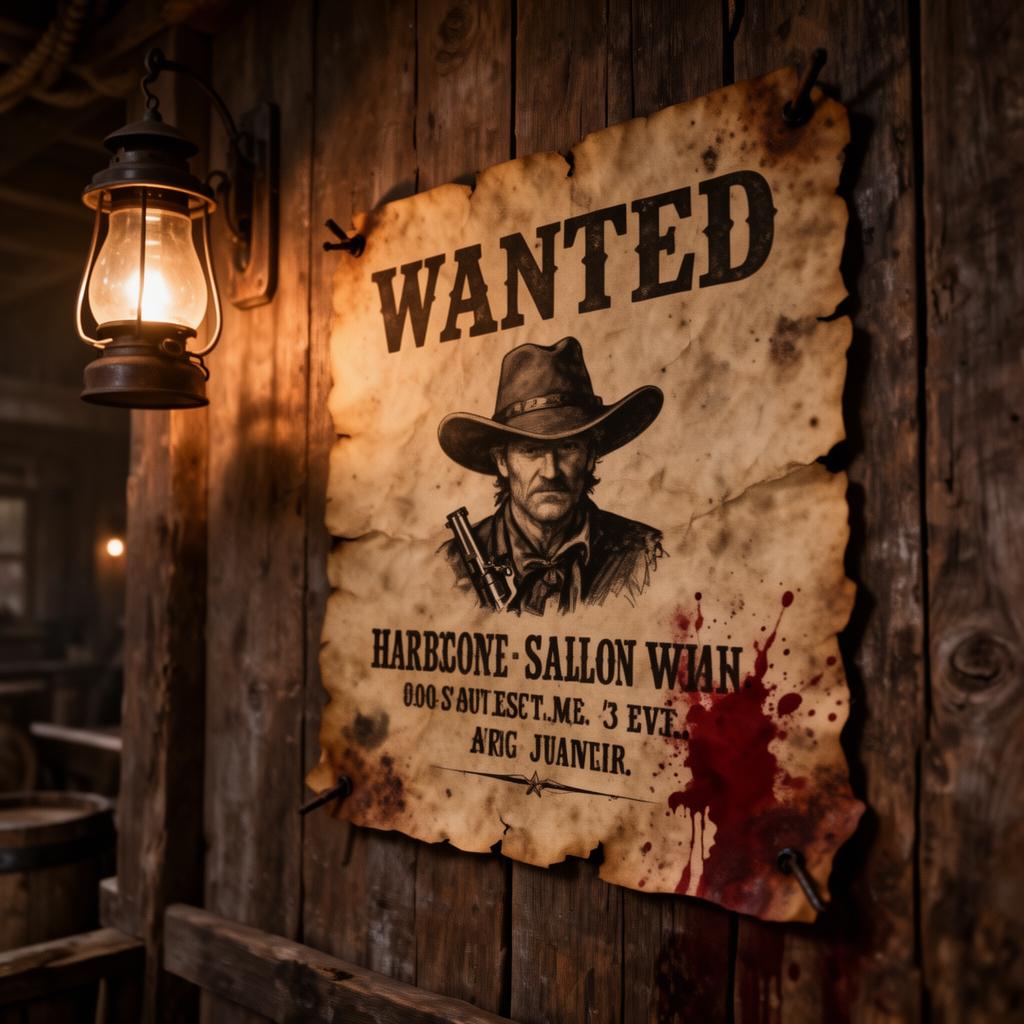 Wanted-Plakat an einer Saloon-Wand mit Öllampe