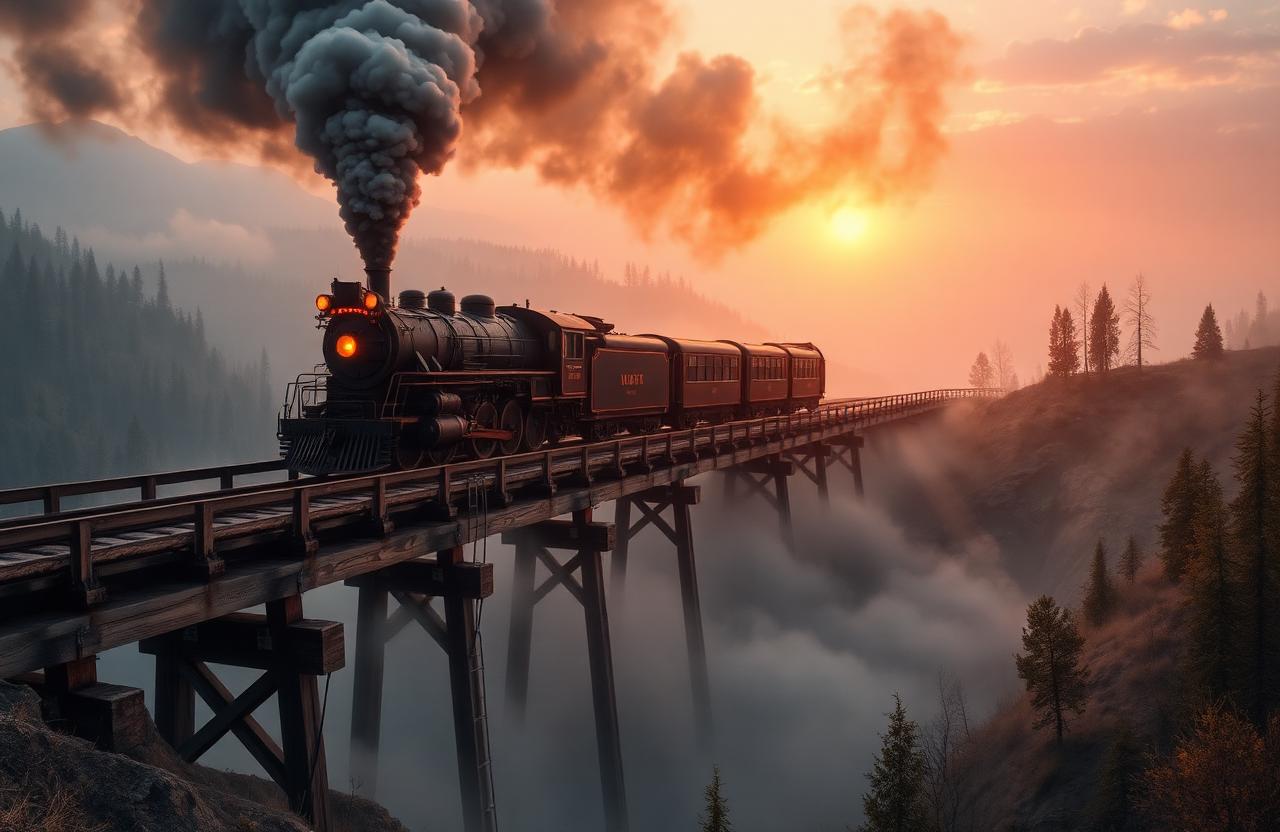Dampflokomotive auf einer Holzbrücke im Sonnenuntergang