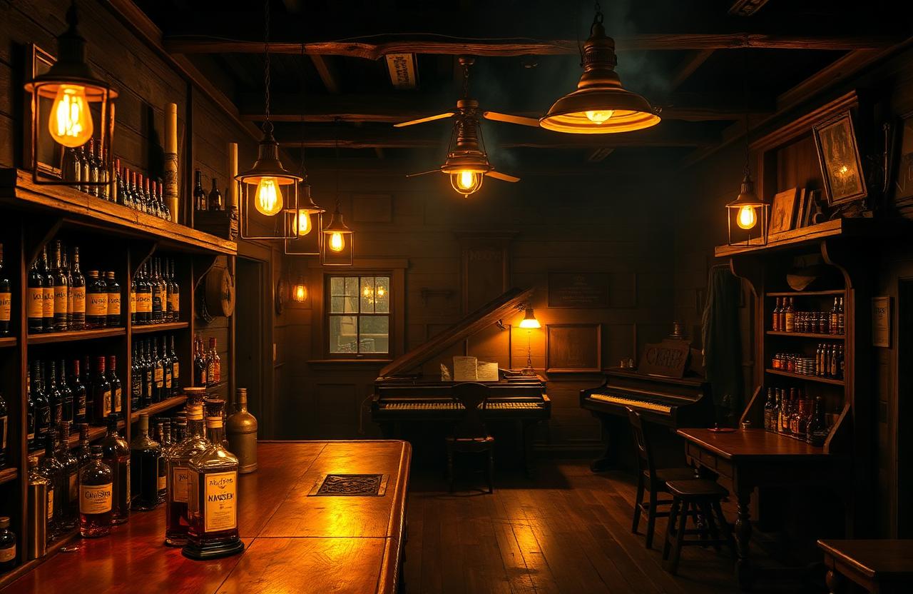 Westernsaloon bei Nacht mit warmem Lampenlicht