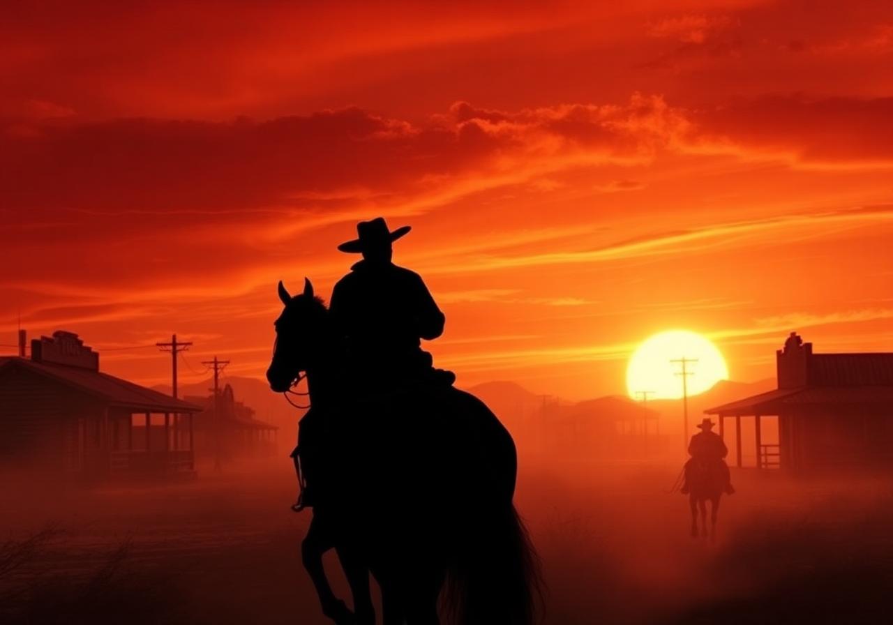 Einsamer Reiter erreicht eine Frontier-Siedlung im Sonnenuntergang