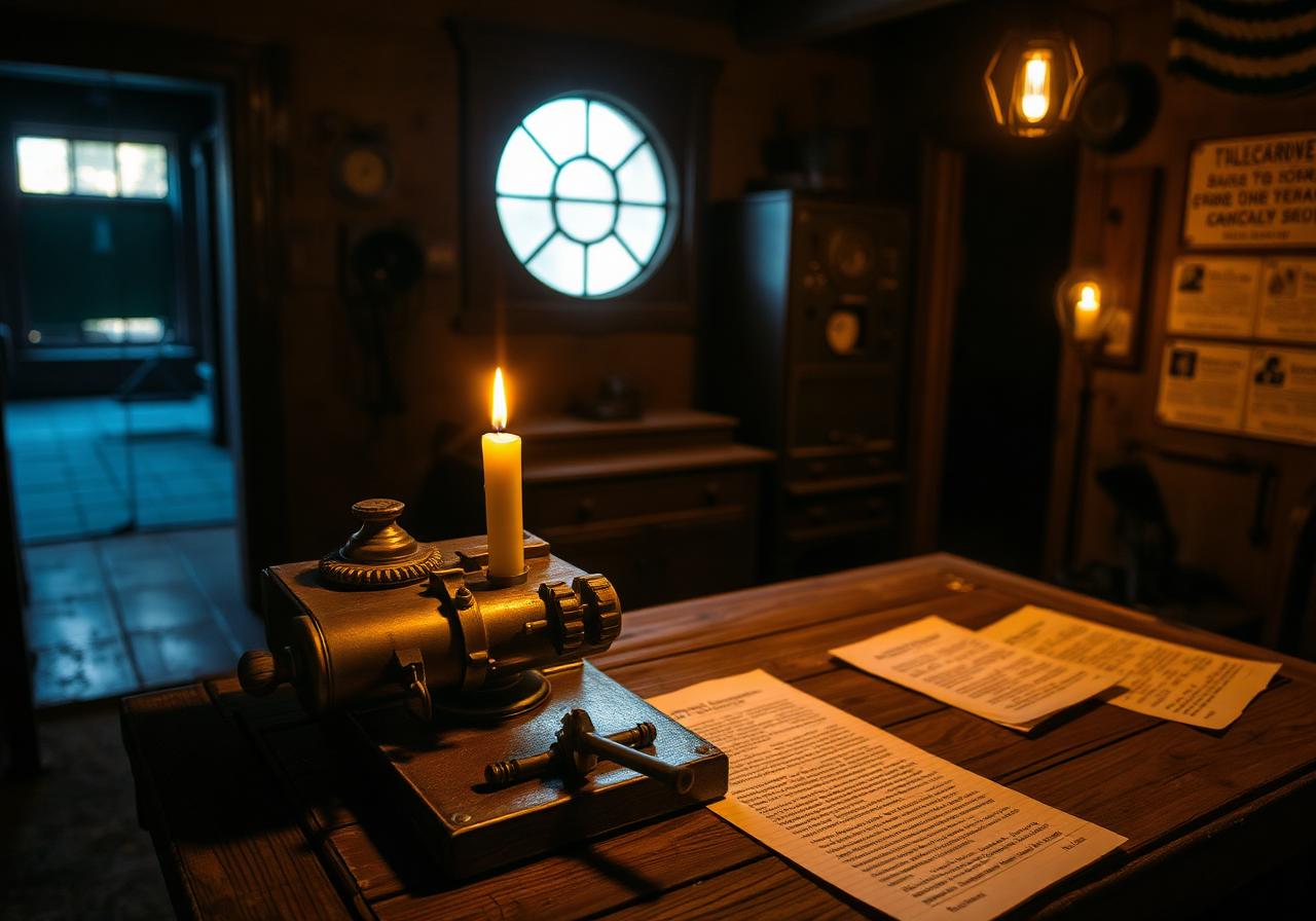 Telegraphenstation mit Kerze, Schlüssel und Botschaften